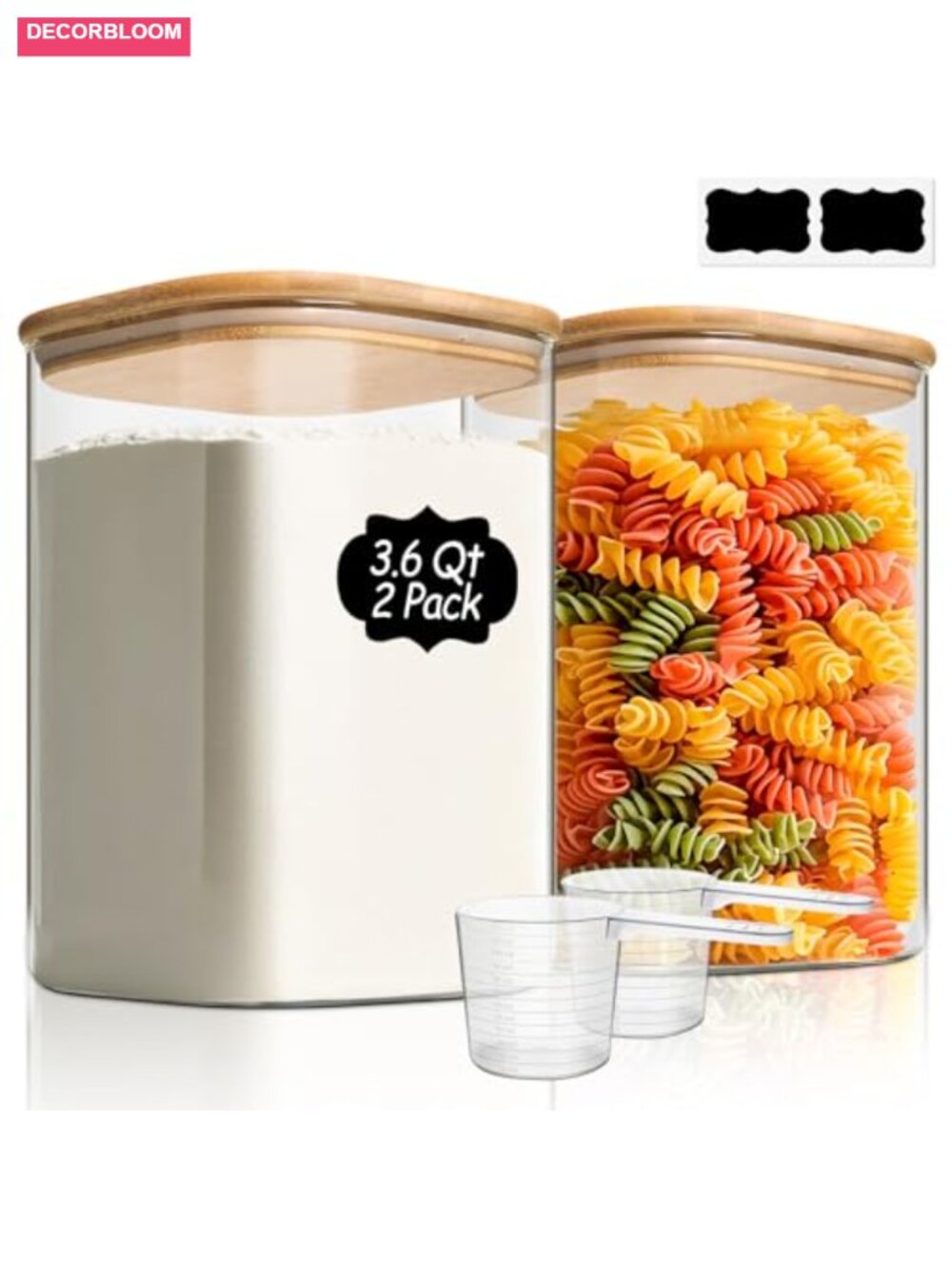3.6 Qt Glass Food Storage Containers Set of 2, Large Canisters with Bamboo Lids
